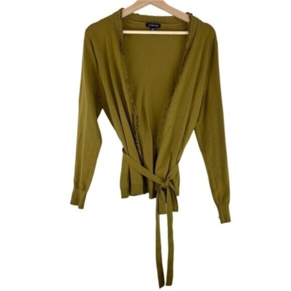 Lands End Olive Green Cardigan Belted Ruffled Trim - Picture 1 of 4